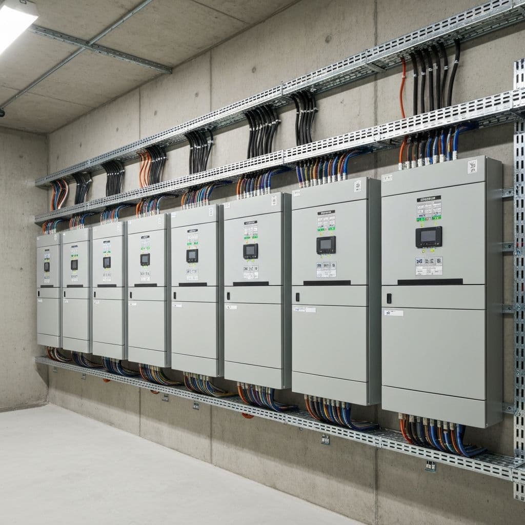 Commercial three-phase distribution boards installed in a plant room
