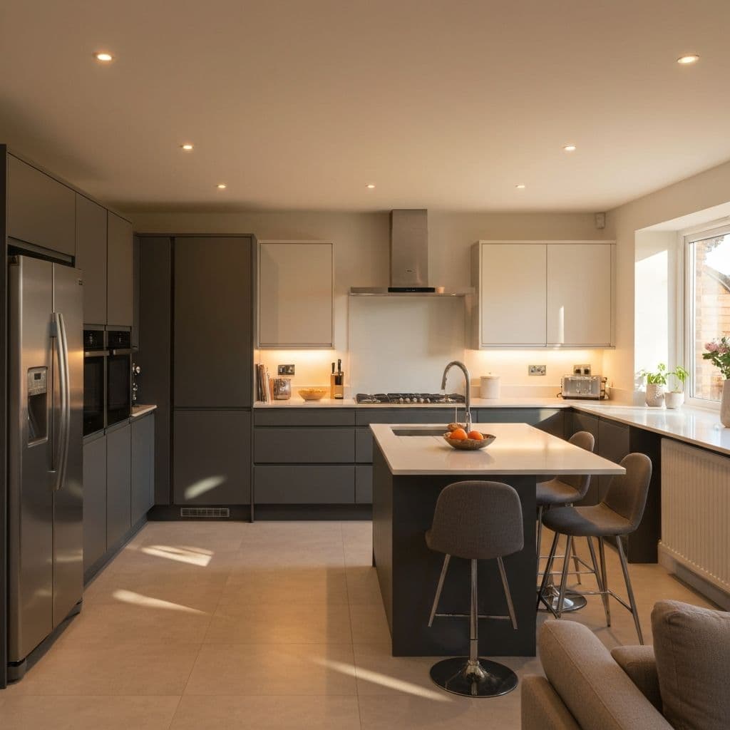 Modern kitchen with LED downlights installed by Keekco Electrical in Lancashire