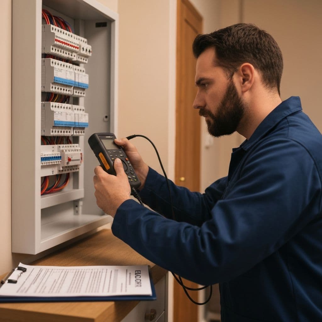 Electrician inspecting a consumer unit for an EICR in Lancashire