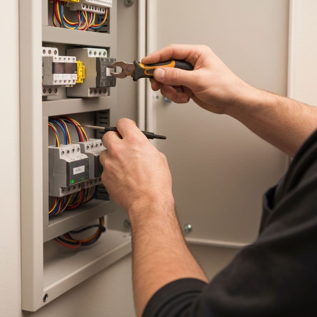 Electrician working on domestic electrical installation in Lancashire