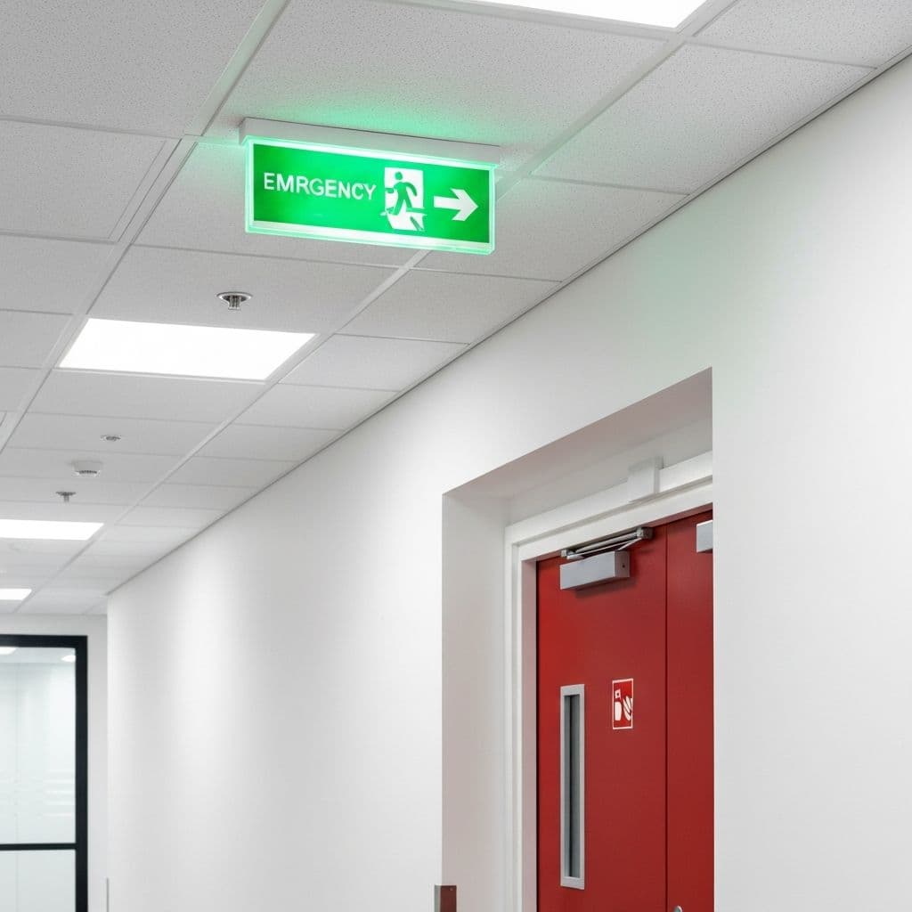 Emergency exit sign illuminated in a commercial building corridor