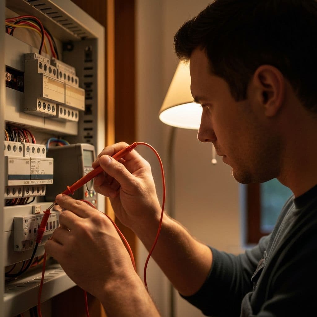 Electrician diagnosing an electrical fault at a consumer unit in Lancashire