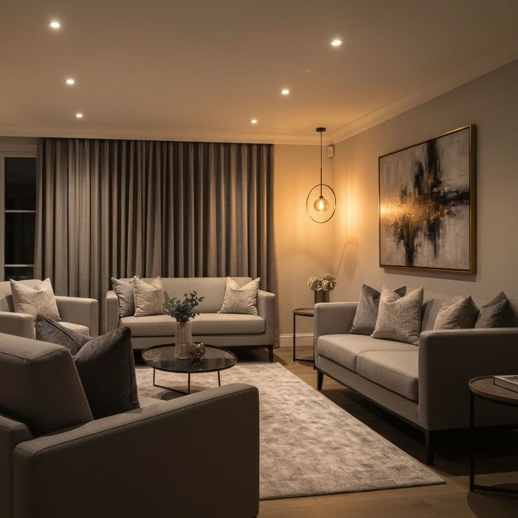 Modern living room with warm LED downlights and pendant lighting in Lancashire