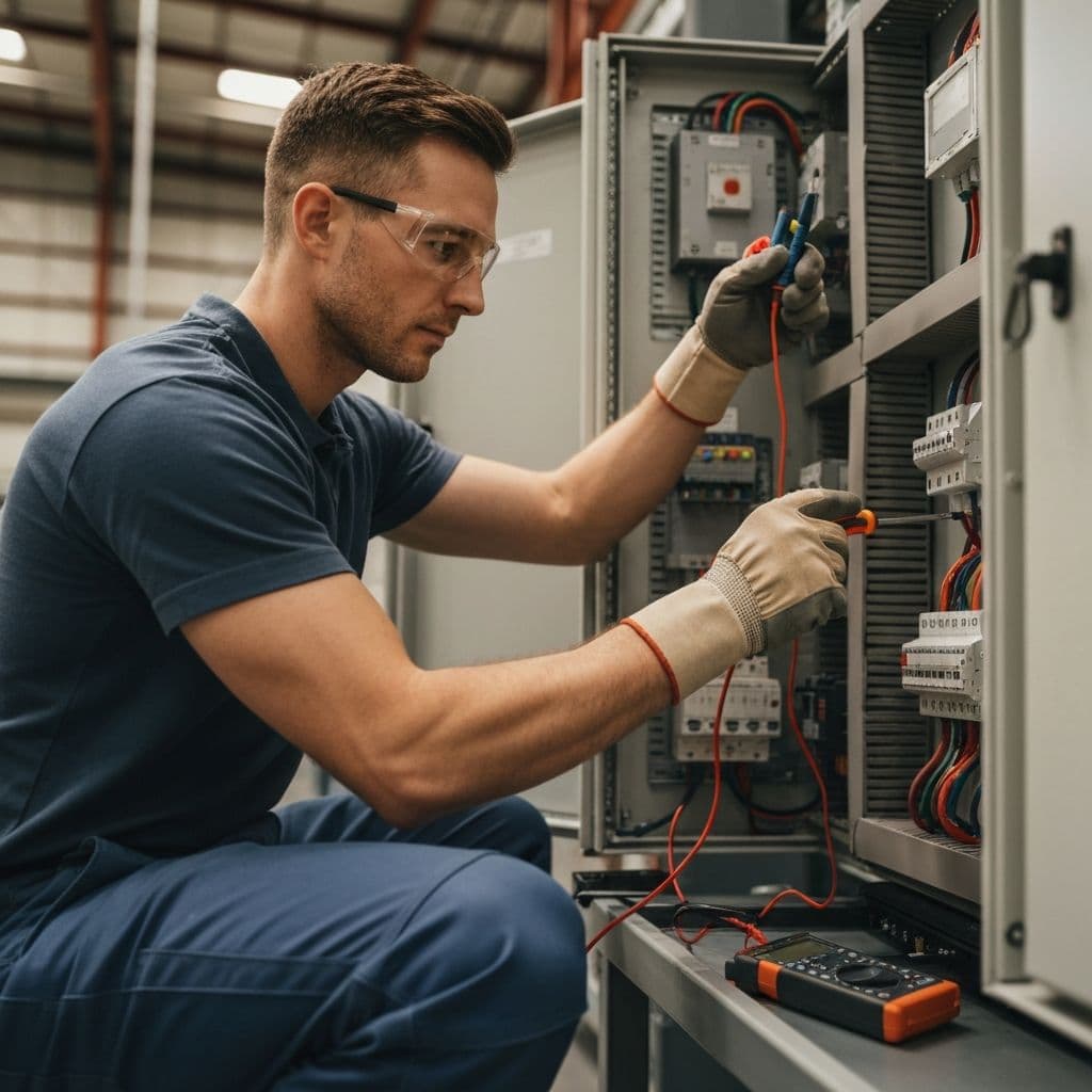 Commercial electrician performing maintenance on an electrical panel