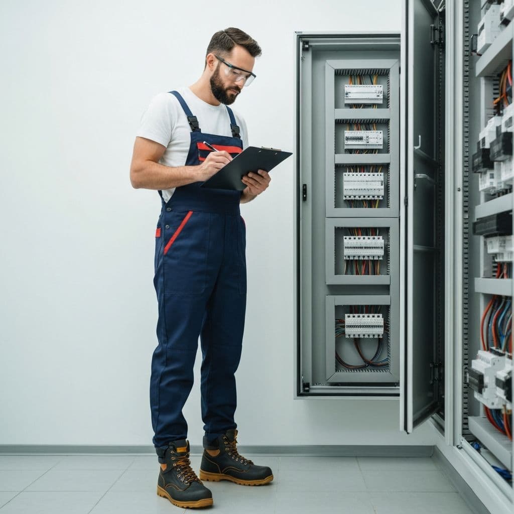 Electrician conducting a scheduled maintenance inspection on a commercial electrical panel