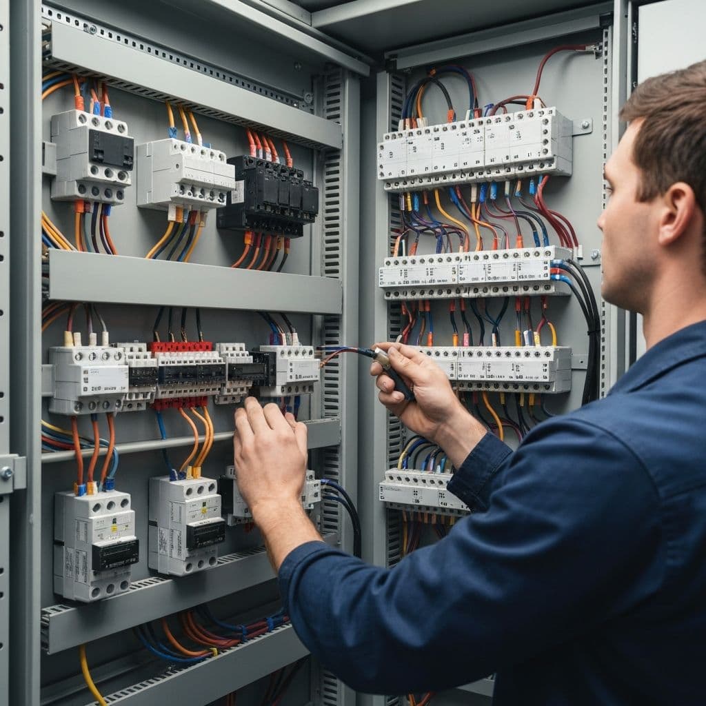 Electrician carrying out remedial works inside a commercial distribution board