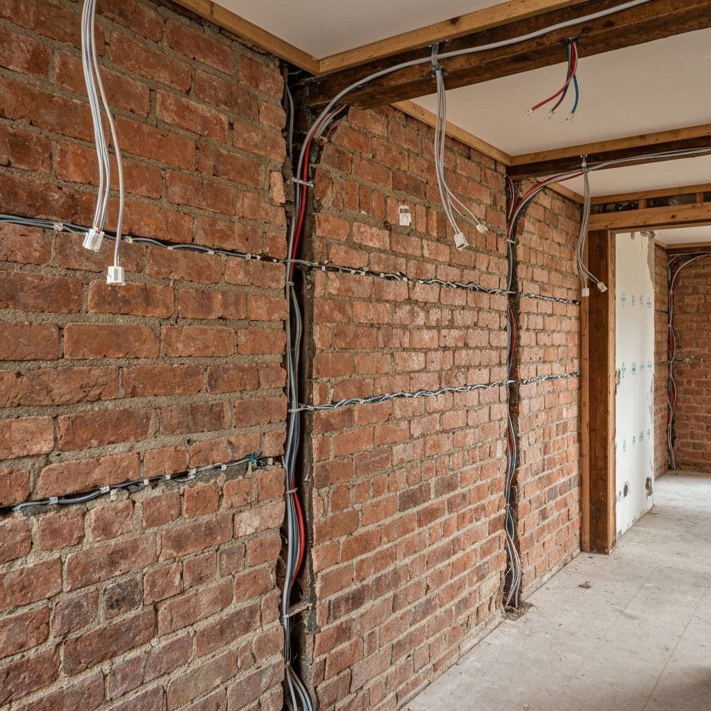 Period property during a rewire with new electrical cables being routed through walls