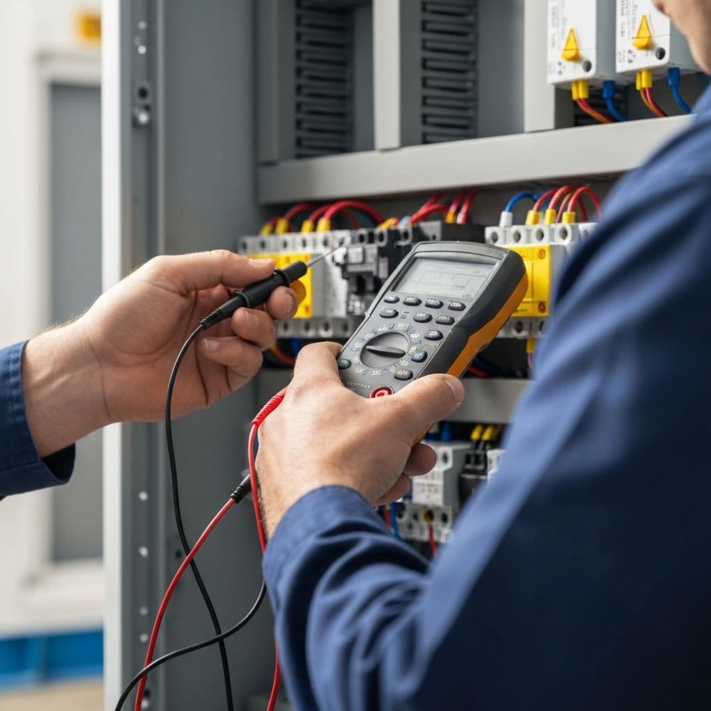 Electrician carrying out fixed wire testing on a commercial distribution board
